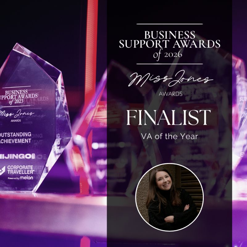 Promotional graphic for the Business Support Awards 2026 featuring Lily Attwell-Rowan as VA of the Year Finalist at the Miss Jones Awards.