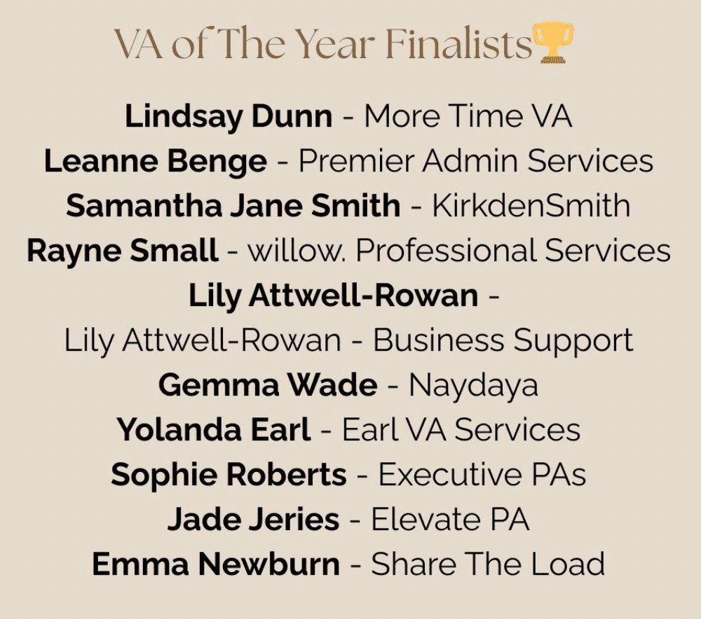 VA of the Year 2026 Finalists list from the Miss Jones Awards showing Lily Attwell-Rowan named as a finalist.